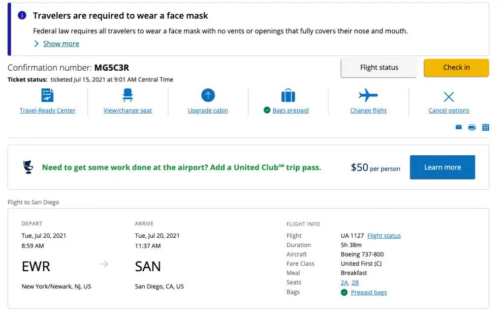 booking details page of United Airlines