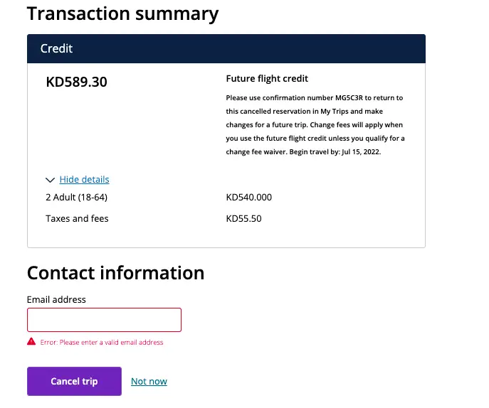  cancellation confirmation page of United Airlines