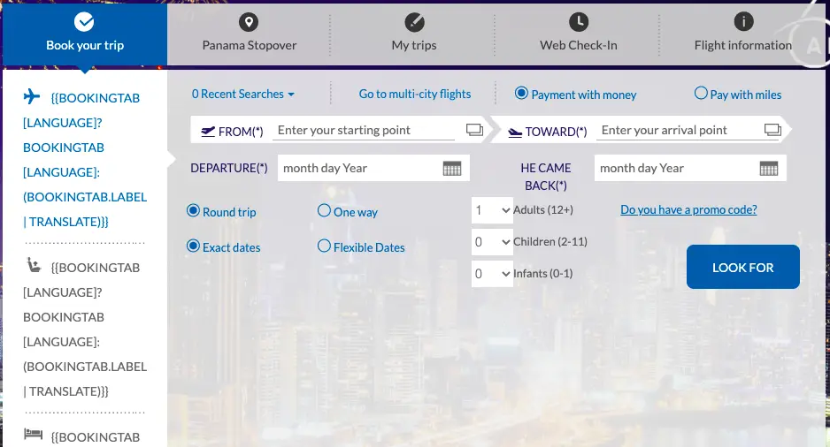 Copa Airlines hompage for canellation