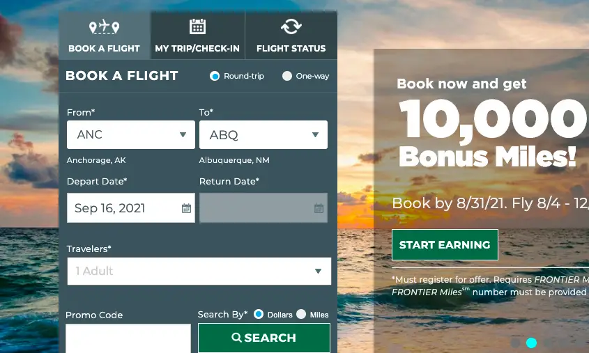 frontier airlines website homepage sercenshot